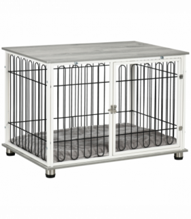 PawHut Dog Crate Furniture End Table w/ Soft Washable Cushion, Lockable Door