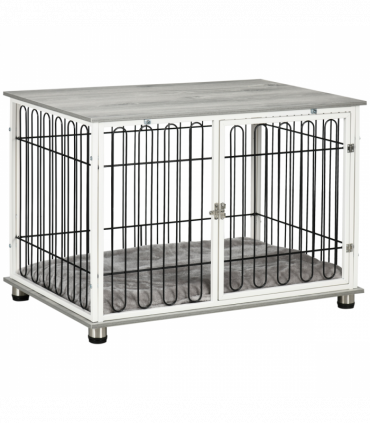 PawHut Dog Crate Furniture End Table w/ Soft Washable Cushion, Lockable Door