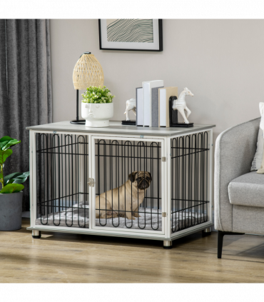 PawHut Dog Crate Furniture End Table w/ Soft Washable Cushion, Lockable Door