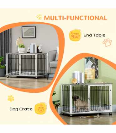 PawHut Dog Crate Furniture End Table w/ Soft Washable Cushion, Lockable Door