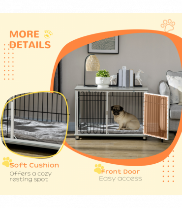 PawHut Dog Crate Furniture End Table w/ Soft Washable Cushion, Lockable Door