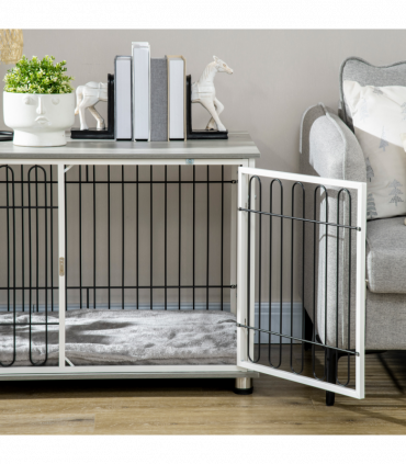 PawHut Dog Crate Furniture End Table w/ Soft Washable Cushion, Lockable Door