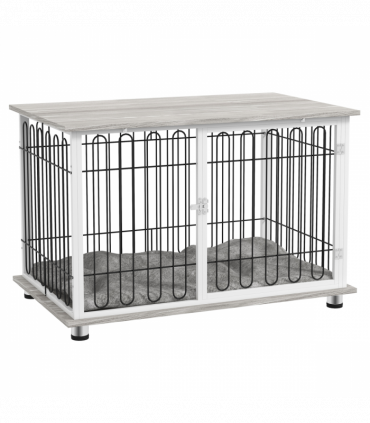 PawHut Dog Crate Furniture End Table with Soft Washable Cushion, Lockable Door