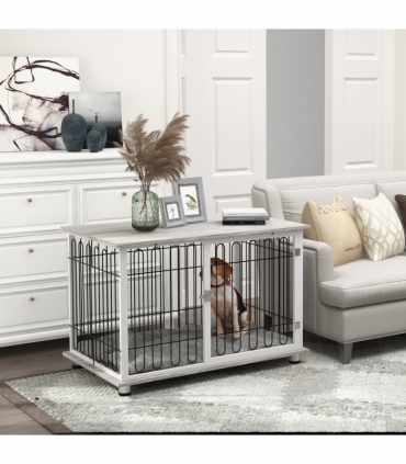 PawHut Dog Crate Furniture End Table with Soft Washable Cushion, Lockable Door