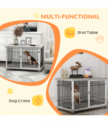 PawHut Dog Crate Furniture End Table with Soft Washable Cushion, Lockable Door