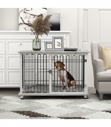 PawHut Dog Crate Furniture End Table with Soft Washable Cushion, Lockable Door