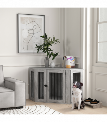 PawHut Dog Crate Furniture for Large Dogs w/ Cushion, Door - Grey