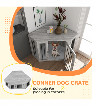 PawHut Dog Crate Furniture for Large Dogs w/ Cushion, Door - Grey