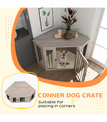 PawHut Dog Crate Furniture for Large Dogs w/ Cushion, Door - Walnut Brown