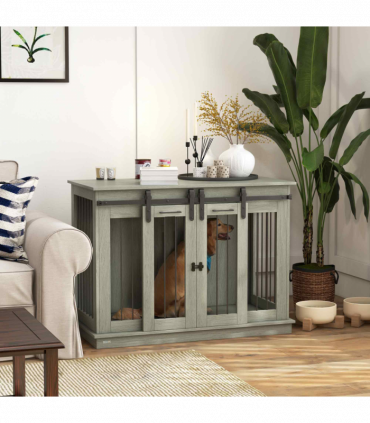 PawHut Dog Crate Furniture for Large Dogs, Double Dog Cage for Small Dogs, Grey