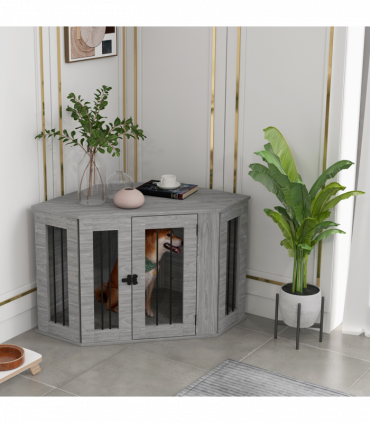 PawHut Dog Crate Furniture for Medium Dogs w/ Cushion, Large Door - Grey