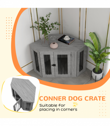 PawHut Dog Crate Furniture for Medium Dogs w/ Cushion, Large Door - Grey