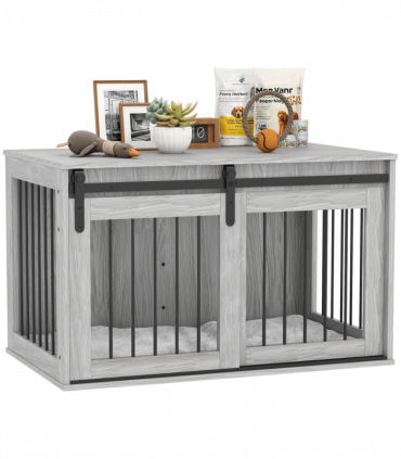 PawHut Dog Crate Furniture with Removable Cushion for Large Dogs - Grey