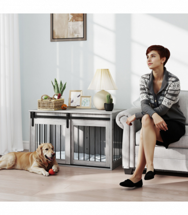 PawHut Dog Crate Furniture with Removable Cushion for Large Dogs - Grey