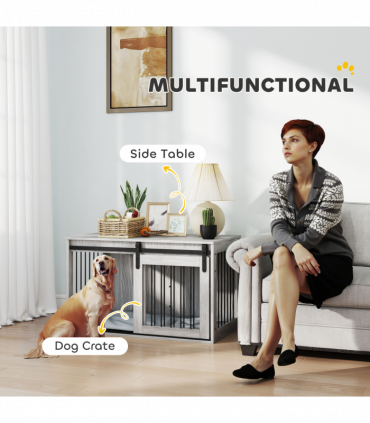 PawHut Dog Crate Furniture with Removable Cushion for Large Dogs - Grey