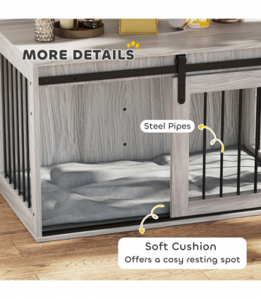 PawHut Dog Crate Furniture with Removable Cushion for Large Dogs - Grey