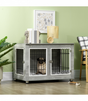 PawHut Dog Crate Furniture, Dog Crate End Table w/ Soft Cushion, Double Door