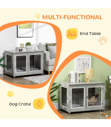 PawHut Dog Crate Furniture, Dog Crate End Table w/ Soft Cushion, Double Door