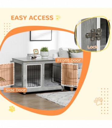 PawHut Dog Crate Furniture, Dog Crate End Table w/ Soft Cushion, Double Door