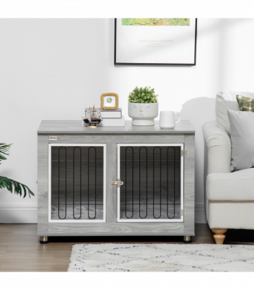 PawHut Dog Crate Furniture, Dog Crate End Table w/ Soft Cushion, Double Door