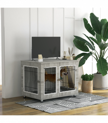 PawHut Dog Crate Furniture, Dog Crate End Table with Soft Cushion, Double Door