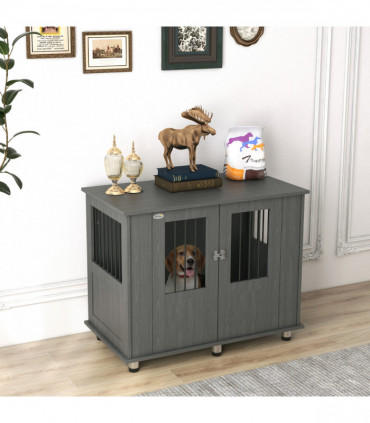 PawHut Dog Crate Kennel Cage for Medium Large Dog, Indoor End Table, Grey
