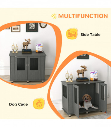 PawHut Dog Crate Kennel Cage for Medium Large Dog, Indoor End Table, Grey