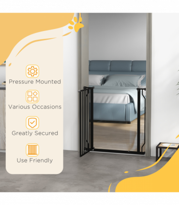 PawHut Dog Gate Wide Stair Gate w/ Door Pressure Fit, 75-85W cm, Black