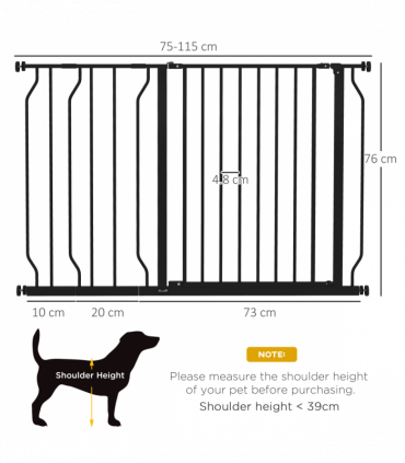 PawHut Dog Gate Wide Stair Gate with Door Pressure Fit, 75-115W cm, Black
