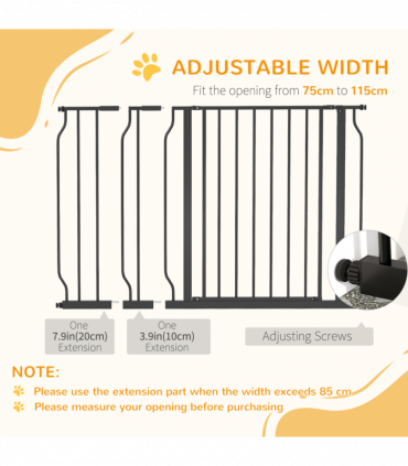 PawHut Dog Gate Wide Stair Gate with Door Pressure Fit, 75-115W cm, Black