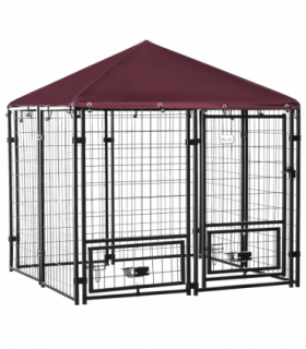 PawHut Dog Kennel with Rotating Bowl Holders, Cover, Outdoor Dog Run