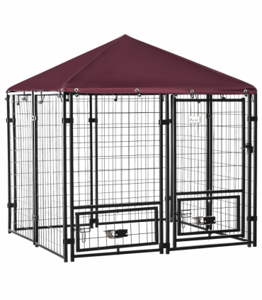 PawHut Dog Kennel with Rotating Bowl Holders, Cover, Outdoor Dog Run