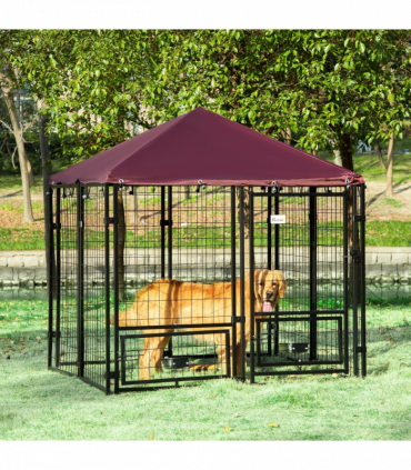 PawHut Dog Kennel with Rotating Bowl Holders, Cover, Outdoor Dog Run