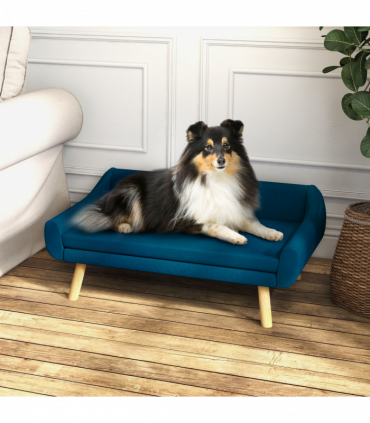 PawHut Dog Sofa Bed Raised Couch with Wooden Frame and Soft Cushion, Blue