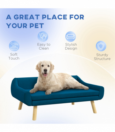PawHut Dog Sofa Bed Raised Couch with Wooden Frame and Soft Cushion, Blue