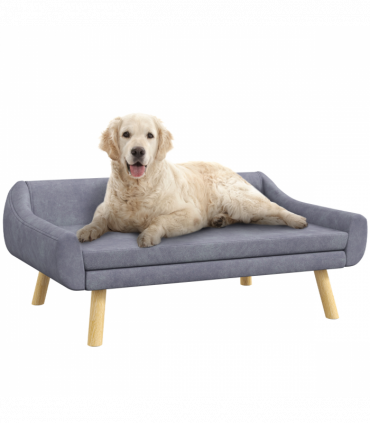 PawHut Dog Sofa Bed Raised Couch with Wooden Frame and Soft Cushion, Grey