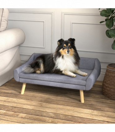PawHut Dog Sofa Bed Raised Couch with Wooden Frame and Soft Cushion, Grey