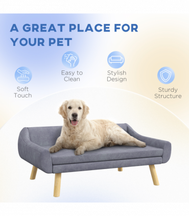 PawHut Dog Sofa Bed Raised Couch with Wooden Frame and Soft Cushion, Grey