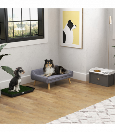 PawHut Dog Sofa Bed Raised Couch with Wooden Frame and Soft Cushion, Grey