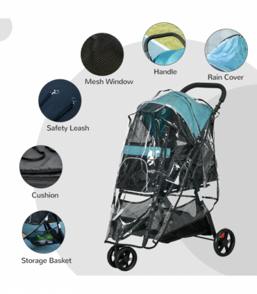 PawHut Dog Stroller for XS Dogs, S Dogs, Cats with Rain Cover - Dark Green