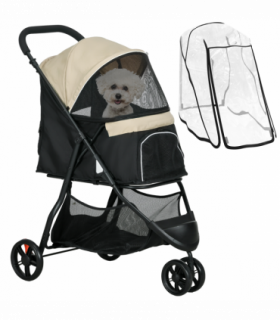 PawHut Dog Stroller for XS Dogs, S Dogs, Cats with Rain Cover - Khaki