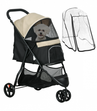 PawHut Dog Stroller for XS Dogs, S Dogs, Cats with Rain Cover - Khaki
