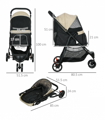 PawHut Dog Stroller for XS Dogs, S Dogs, Cats with Rain Cover - Khaki