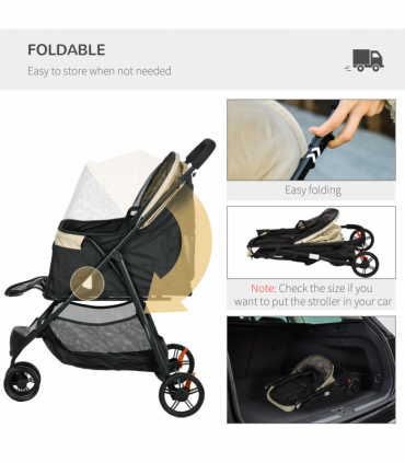 PawHut Dog Stroller for XS Dogs, S Dogs, Cats with Rain Cover - Khaki