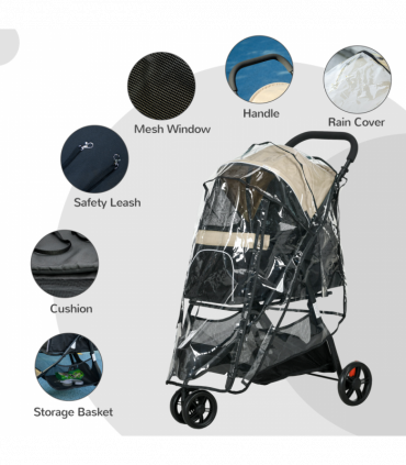 PawHut Dog Stroller for XS Dogs, S Dogs, Cats with Rain Cover - Khaki