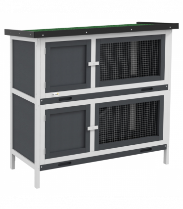 PawHut Double Decker Rabbit Hutch Bunny Cage Pet House Outdoor with Tray, Grey