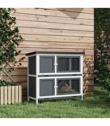 PawHut Double Decker Rabbit Hutch Bunny Cage Pet House Outdoor with Tray, Grey