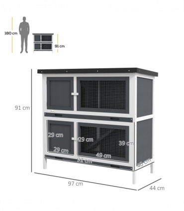PawHut Double Decker Rabbit Hutch Bunny Cage Pet House Outdoor with Tray, Grey