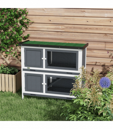 PawHut Double Decker Rabbit Hutch Bunny Cage Pet House Outdoor with Tray, Grey