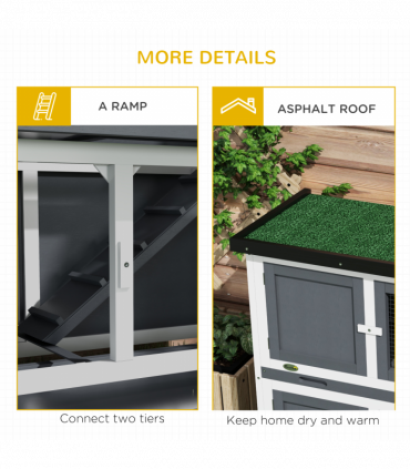 PawHut Double Decker Rabbit Hutch Bunny Cage Pet House Outdoor with Tray, Grey